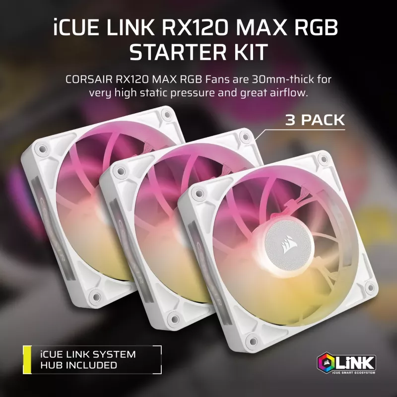 Corsair iCUE LINK RX120 MAX RGB ventilaator 12 cm valge 3 tk 400-2000 p/min