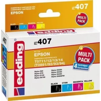 edding printerikassetid EDD-407 must, tsüaan, magenta, kollane, ühildub EPSON T0715, komplekt 4 tk