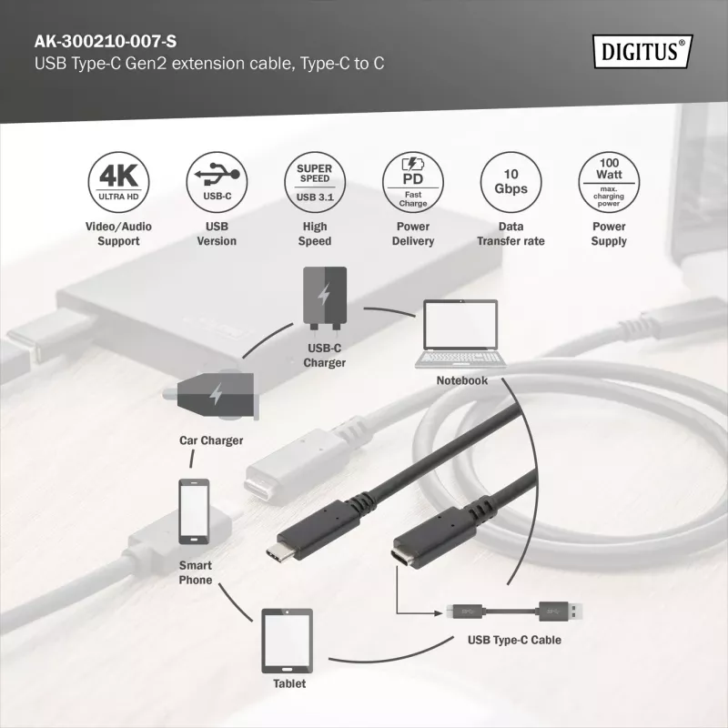 USB USB-C pikenduskaabel Digitus AK-300210-007-S 0,7 m