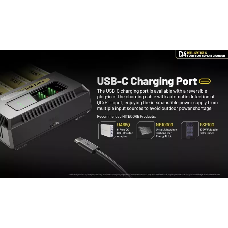 Akulaadija Nitecore Ci4 — universaalne USB-laadija Liitium-ioon / NiCd / NiMH jaoks, 5/9/12 V sisend, 3 A, plastist, 0,1914 kg