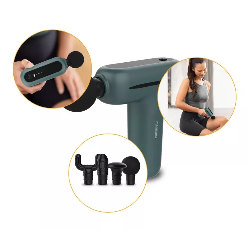Medisana MG 200 lihasmassaažipüstol 4 peaga, vibratsioon, 3000 p/min, 8 mm amplituud, Li‑Ion 7,4 V, USB-laadimine