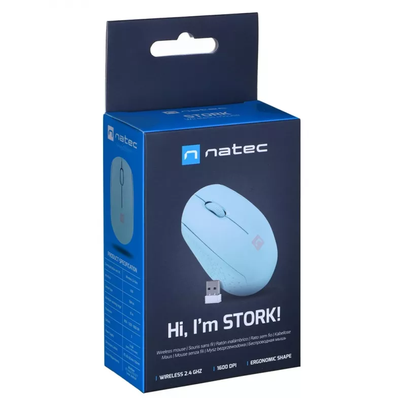Juhtmevaba mõlemakäeline hiir NATEC STORK — Bluetooth + USB Type-A, 1600 DPI, 3 nuppu, helesinine