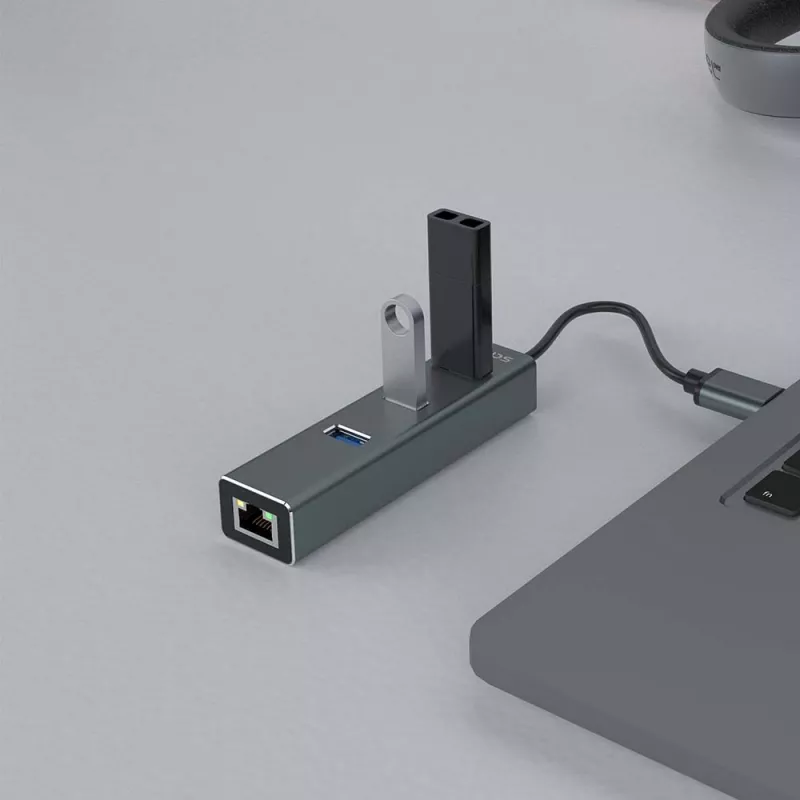 SAVIO USB-A jaotur RJ-45 Gigabit Ethernetiga AK-57 — 3× USB-A + RJ-45, USB 3.2 Gen 1 Micro‑B host, 5 Gbit/s, 4 porti, hall