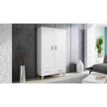 Riidekapp cama meble LOTTA 2D2D, 2 ust, Sonoma tamme raam ja valged esipaneelid, 1100×550×1900 mm