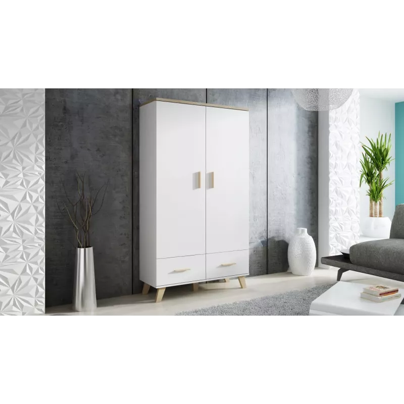 Riidekapp cama meble LOTTA 2D2D, 2 ust, Sonoma tamme raam ja valged esipaneelid, 1100×550×1900 mm