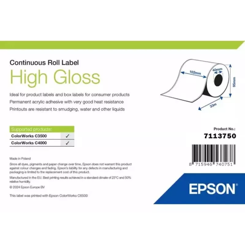 Epson 7113750 High Gloss sildirull, laius 102 mm x pikkus 33 000 mm