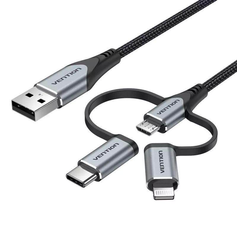 Vention USB 2.0 A isane 3-in-1 Micro-B&USB-C&Lightning isasele kaablile 1M Hall alumiiniumsulamist tüüp