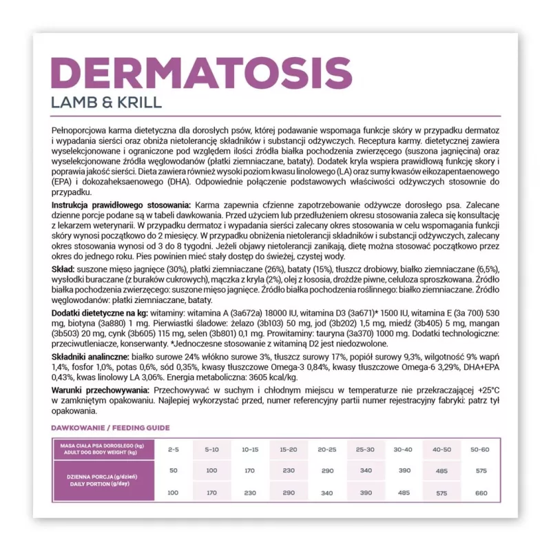 Kuiv koeratoit VETEXPERT Veterinary Diet Dermatosis Lamb & Krill, 2 kg, täiskasvanud koerad, valk 24%, rasv 17%