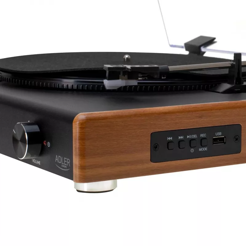 Rihmajamiga plaadimängija Adler AD 1915 USB — keraamiline taldrik, 45 RPM, alalisvoolumootor, Bluetooth 5.4, USB-väljund, 2×10 W kõlarid
