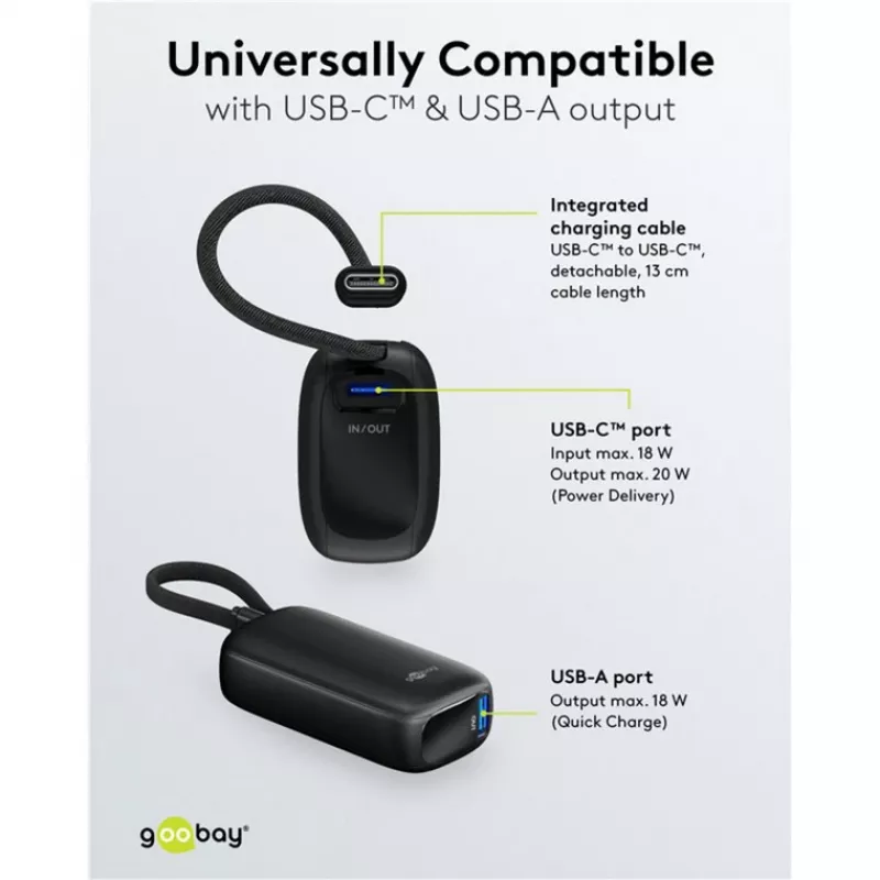 Powerbank 5000 mAh, integreeritud USB-C kaabel 13 cm, 20 W (must, 5 Ah, 1x USB-A, 1x USB-C, PD, QC)