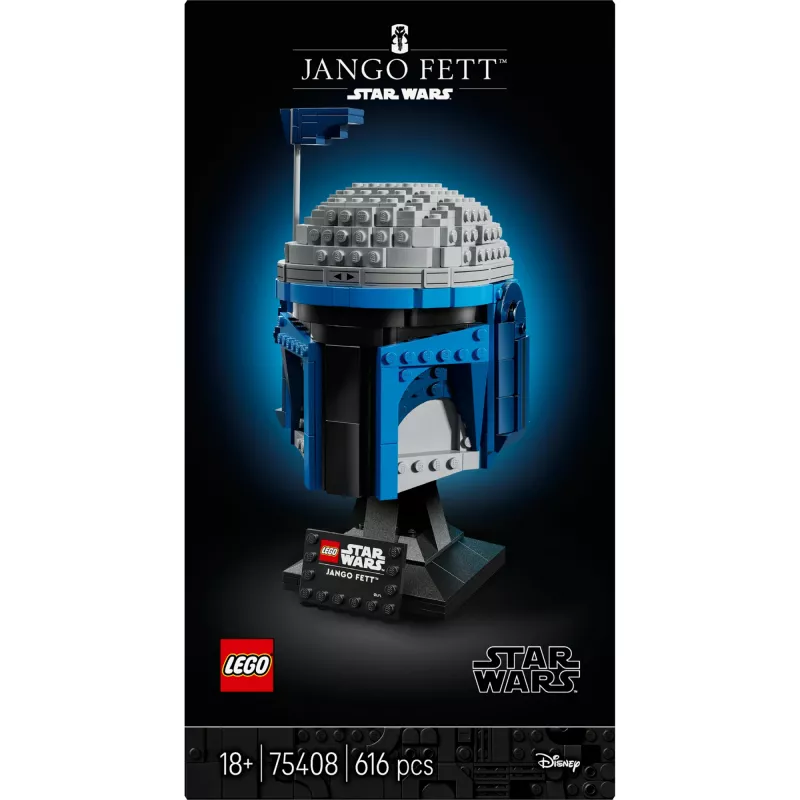 Kogutav LEGO Star Wars kiivri aksessuaar Jango Fett 75408 — 616 tükki, 210×120×110 mm väljapanekumudel