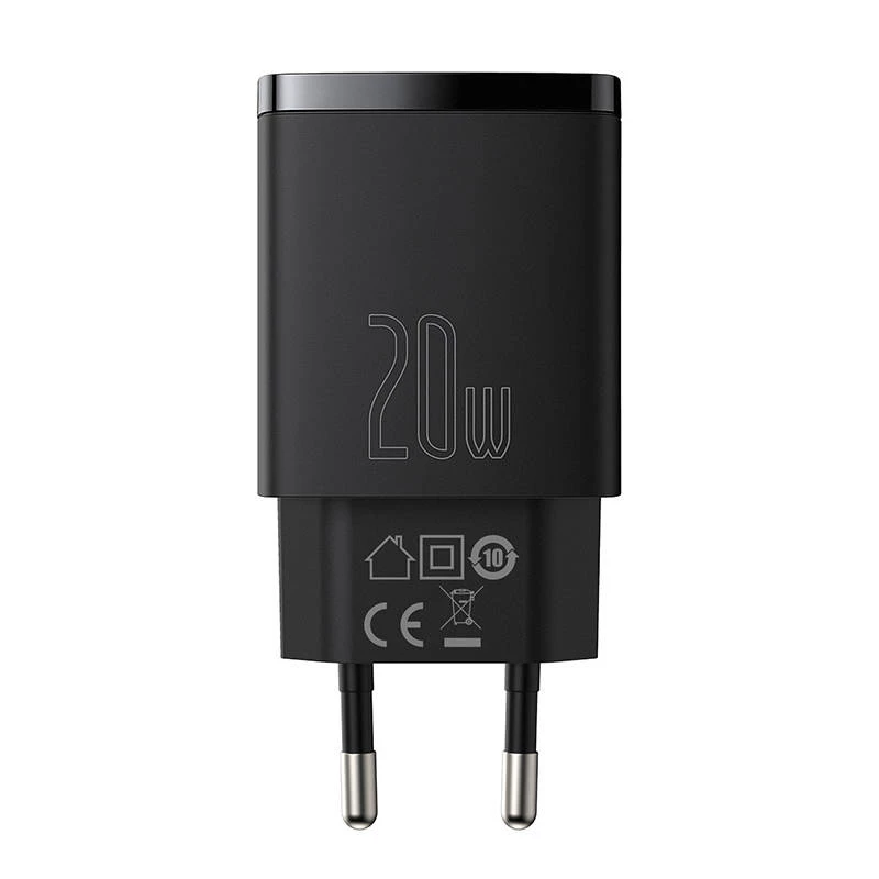 Sisene USB kiirlaadija Baseus CCXJ-B01 — 2 porti (USB-C PD 20W + USB-A QC3.0 18W), 100–240 V, must