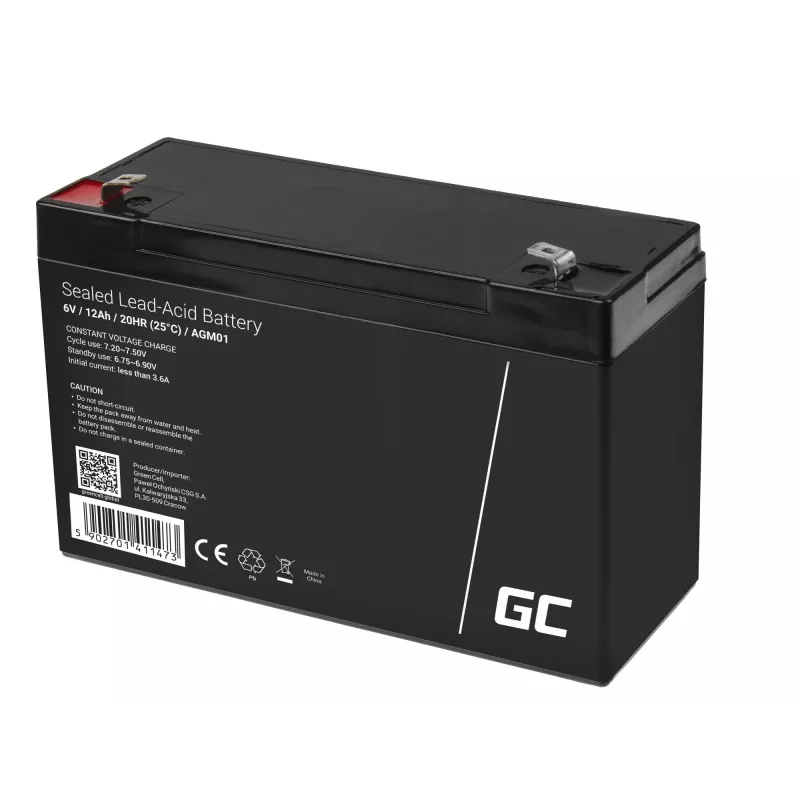 Suletud pliiaku (VRLA) AGM aku roheline Cell 6V 12Ah, 94×151×50 mm, 1,65 kg