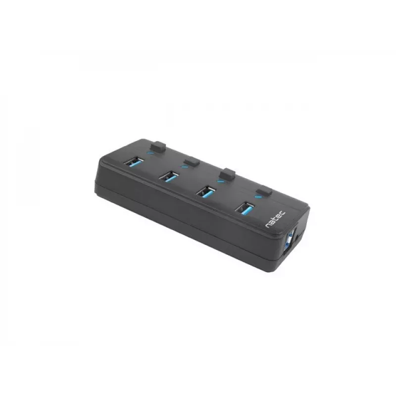 USB-jaotur NATEC MANTIS USB 2.0 Type-B — 4x USB 3.2 Gen 1 Type-A porti, must, 0,8 m kaabel, vahelduvvooluadapter, toitelüliti