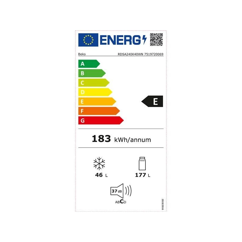 BEKO külmik RDSA240K40WN, energiaklass E, Kõrgus 146.5 cm, Valge