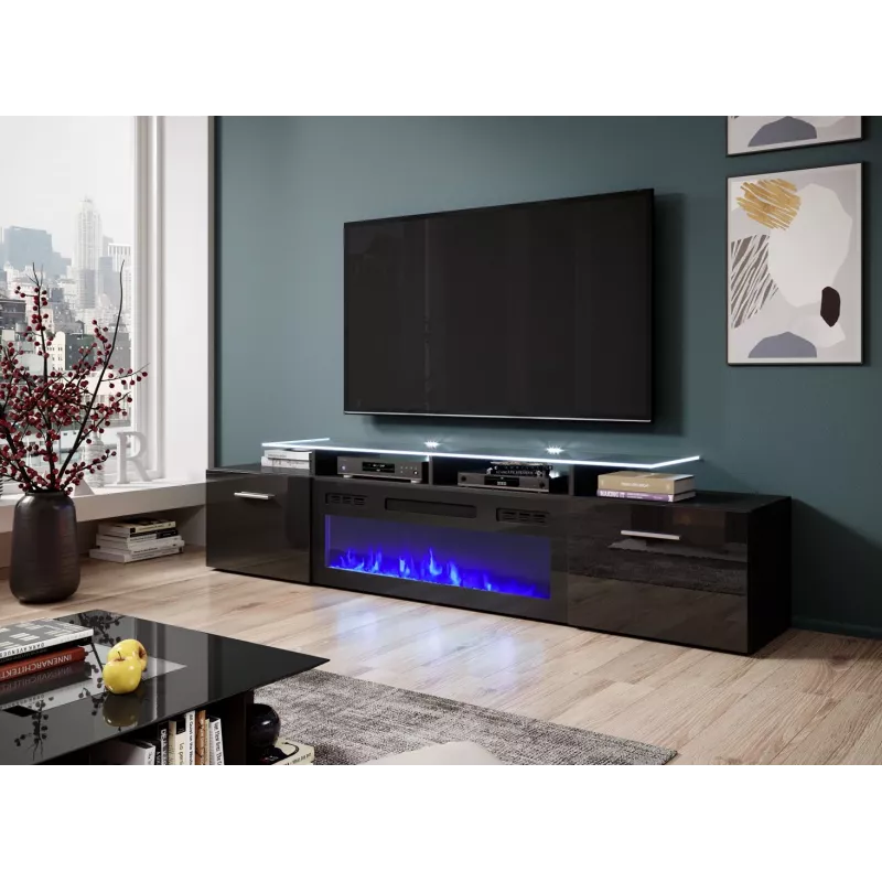 TV-kapp Cama Meble ROVA elektrikaminaga, 190x37x48 cm, must/must läikiv