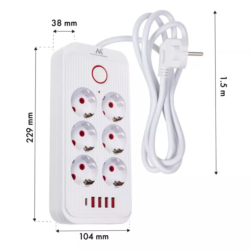 Pistikupesadega pikendusjuhe MACLEAN MCE389 W — 6 pistikupesa, 4×USB-A, 1×USB-C, 2500 W, 110–240 V, 1,5 m kaabel, valge