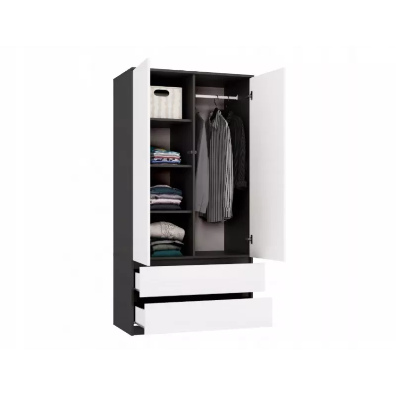 Rõivakapp top e shop MALWA SS-90, 90×180×50 cm, antratsiitkarkass, valged hingedega uksed, 2 sahtlit, laminaat 16 mm