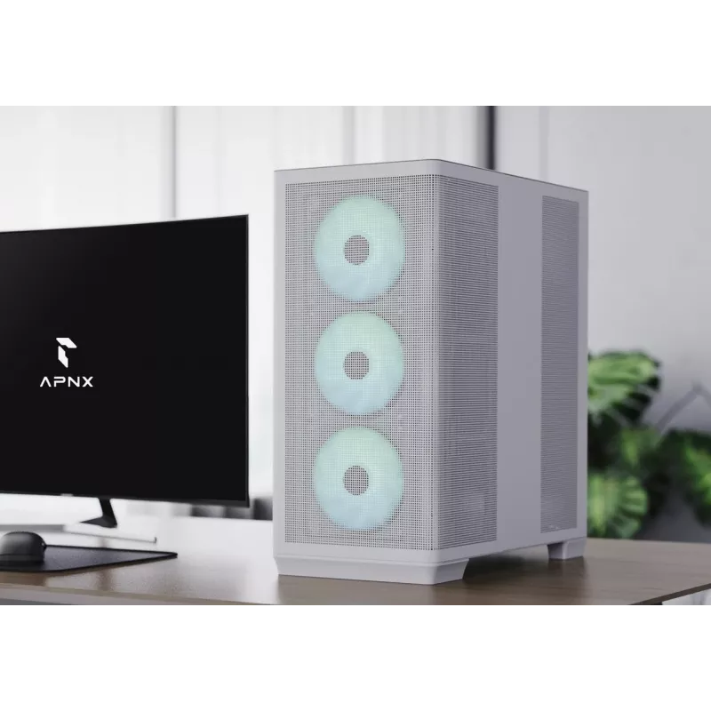 APNX PC Midi Tower C1-R-WT-v1 — valge, toetab ATX/Micro-ATX/Mini-ITX, 3x120 mm esiventilaatorid paigaldatud, 3x3,5 tolli + 3x2,5 tolli pesad, USB 3.2 Gen1 x2