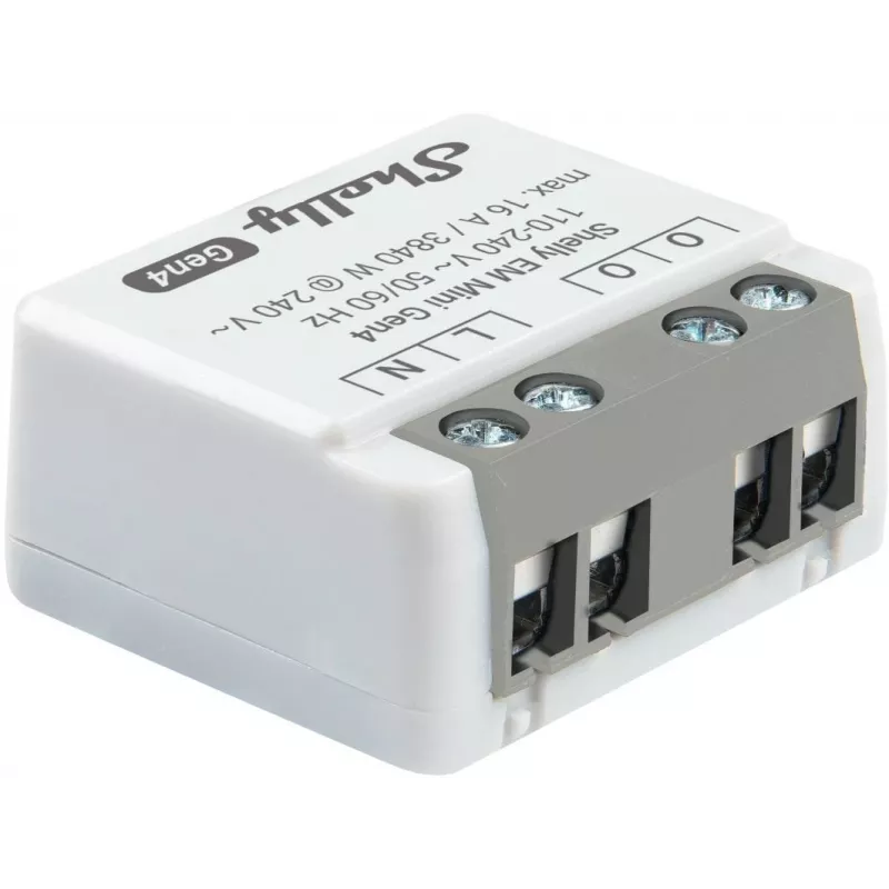 Nutirelee Shelly Relay EM Mini Gen4 1-kanaliline Wi‑Fi Matter Zigbee Bluetooth 8A, 110–240 V, energiamõõtur