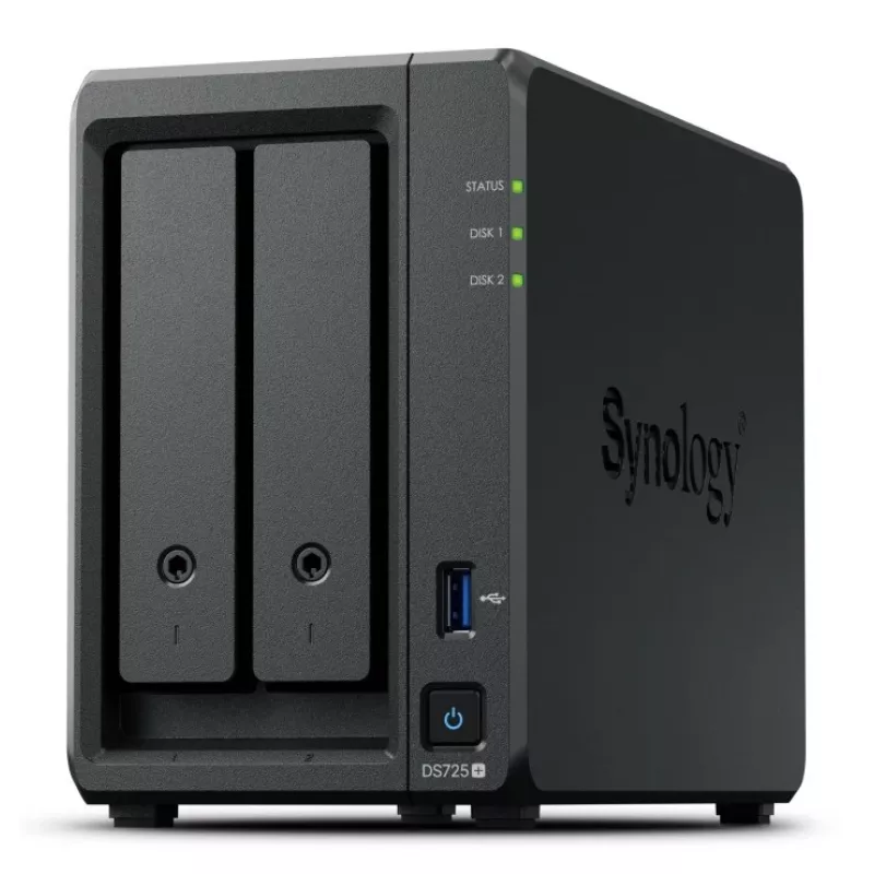 NAS Synology DiskStation DS725+ 2-kohaline Ryzen R1600 4GB DDR4 ECC, 2.5GbE, 2x M.2, RAID tugi, 0TB, Must