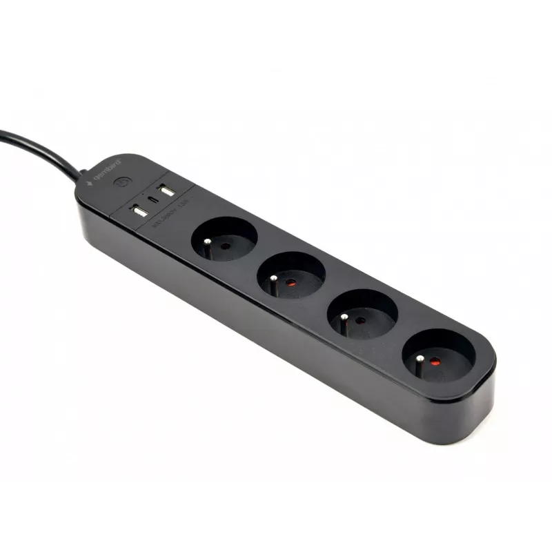 GEMBIRD TSL-PS-F4U-02 nelja PL-pistikupesa ja USB-laadijaga pikendusjuhe, must