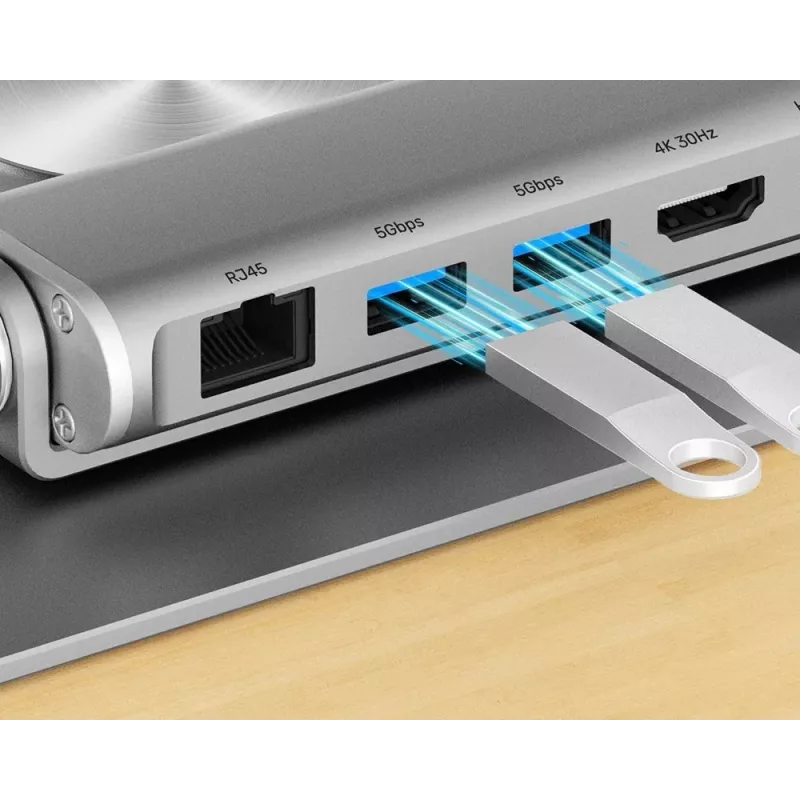 Sülearvuti alus Unitek D1109B01 — alumiiniumist reguleeritav alus eemaldatava USB‑C HDMI 4K PD 100W, 2x USB‑A, RJ‑45, kuni 17-tollistele
