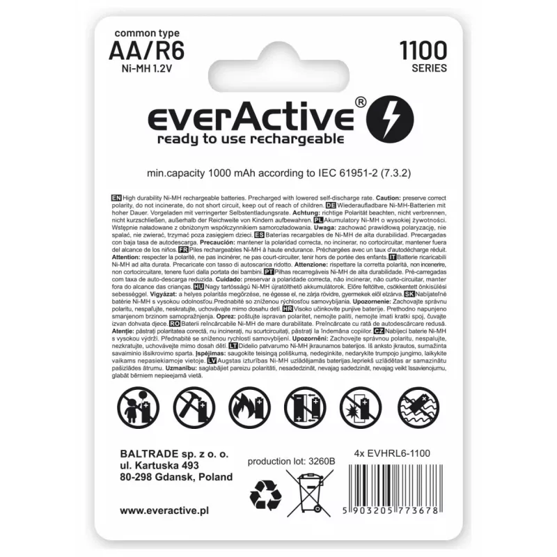 Laetavad NiMH patareid everActive EVHRL6-1100 1,2 V 1100 mAh — 4 tk, silindrilised