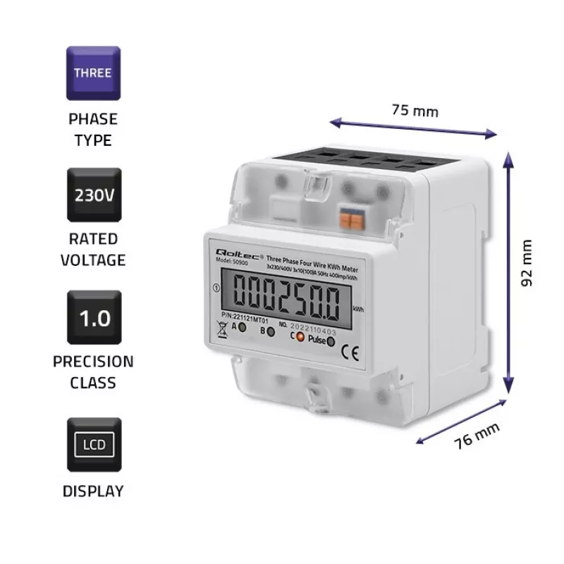 Kolmefaasiline elektrooniline energiaarvesti QOLTEC 50900 400V LCD 4P