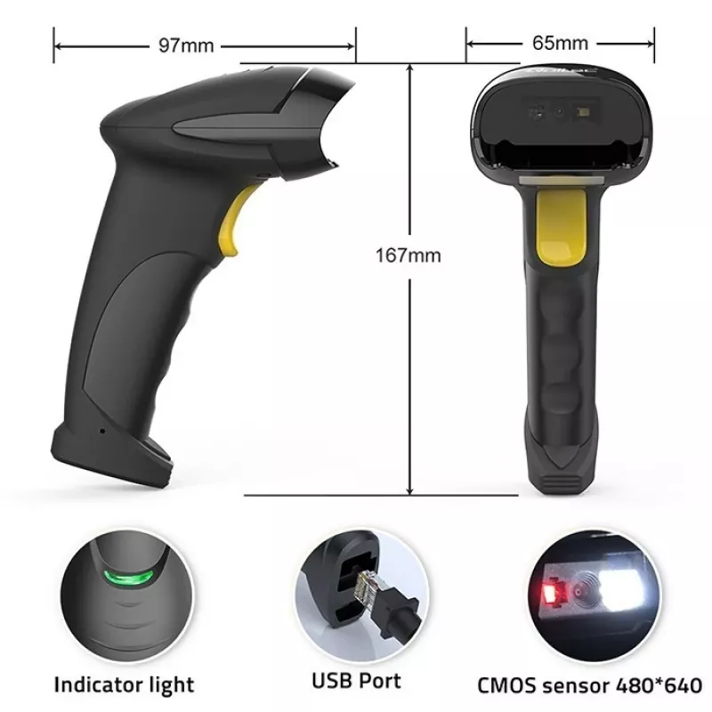 Käeshoitav juhtmega 1D/2D vöötkoodiskanner QOLTEC 50853 — USB, ABS-korpus, 1,65 m kaabel, 97×65×167 mm, 105 g
