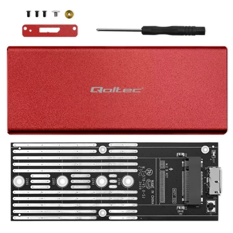 SSD-korpus QOLTEC 51831 USB 3.0 M.2 SATA draividele kuni 2 TB, punane, toetab 30 mm pikkust, kuni 4 draivi