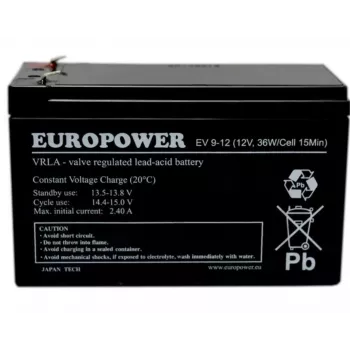 Pliiakuga suletud aku europower EV 12-9 — 12 V 9 Ah UPS-ile ja varutoitele