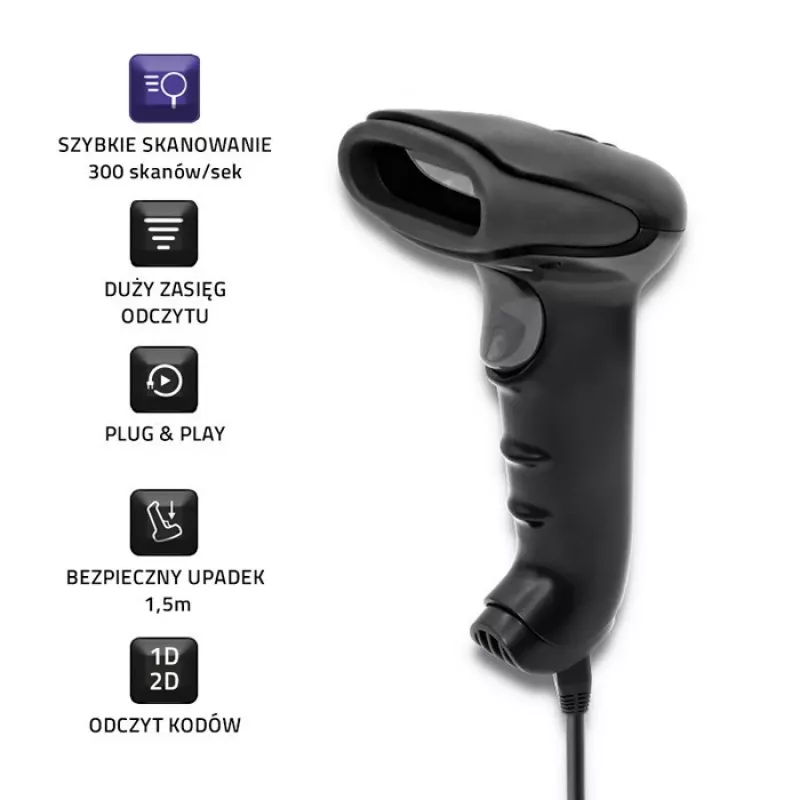 Pihustatav vöötkoodilugeja QOLTEC 50868 — 1D/2D laserskanner, USB-juhtmega ja juhtmevaba, töökaugus 600 mm, must