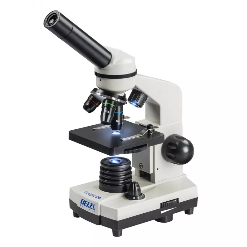 Deltaoptical DO-3210 liitoptiline mikroskoop — monokulaarne, 3 akromaatilist objektiivi, LED-valgustus, 40–400×, 45° kaldega pööratav pea
