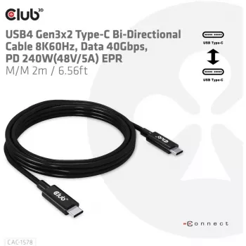 CLUB3D USB4 Gen3x2 Type-C kahesuunaline kaabel 8K60Hz, Andmed 40Gbps, PD 240W(48V/5A) EPR M/M 2m / 6.56ft