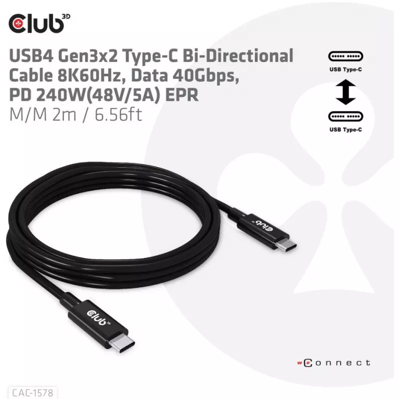 CLUB3D USB4 Gen3x2 Type-C kahesuunaline kaabel 8K60Hz, Andmed 40Gbps, PD 240W(48V/5A) EPR M/M 2m / 6.56ft