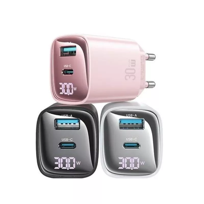 USB ja USB-C 30W GaN kiirlaadija usams CC229 valge — LED-indikaator, kompaktne disain