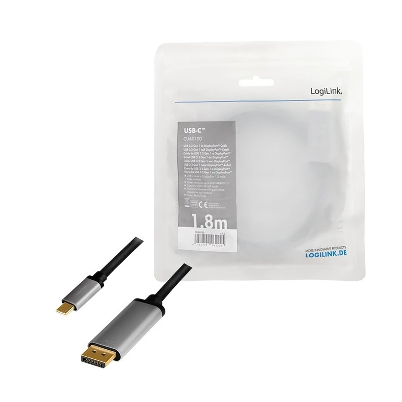 LogiLink CUA0100 kaabli pistikuüleminek DisplayPort USB 3.2 Gen1 USB-C 1,8 m must hall