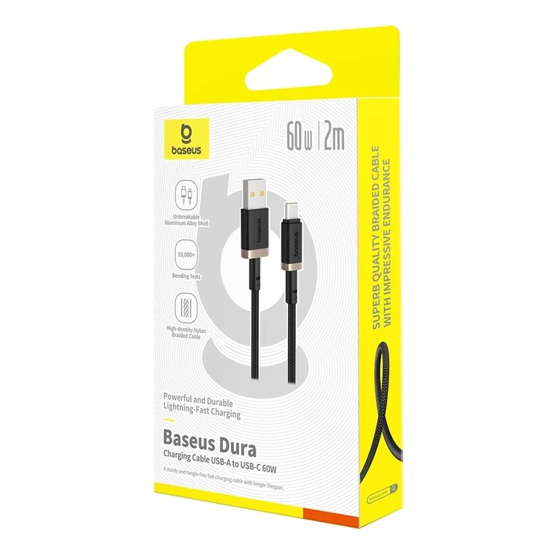 Baseus Dura USB tüüp A kuni tüüp C 60 W kiirlaadimiskaabel 2 m Must, Kuldne
