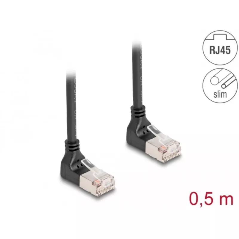 Võrgukaabel DeLOCK RJ45 Cat.6A S/FTP õhuke 90° ülespoole 0,5m must