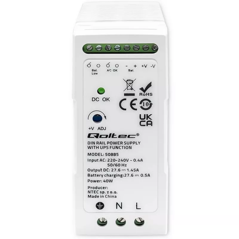 Qoltec 50885 Stabiilne DIN-liistule paigaldatav toiteplokk UPS-funktsiooniga | 40 W