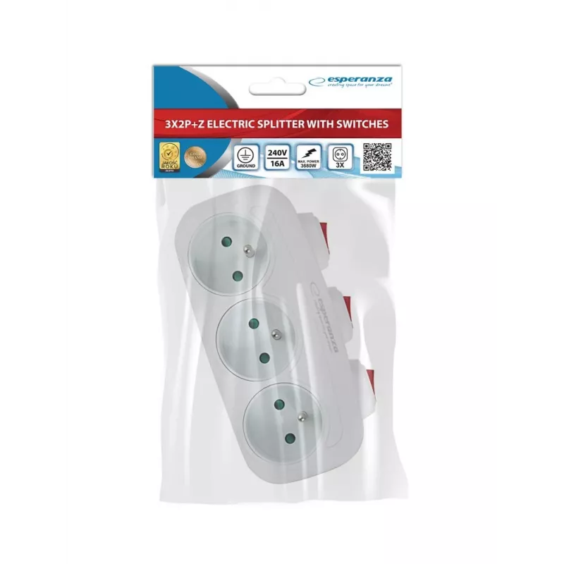 Jagaja ESPERANZA ELK307W — lülitatav 3-pesaline siseadapter, tüüp E pistik, 220–240 V, 16 A, 3680 W, valge
