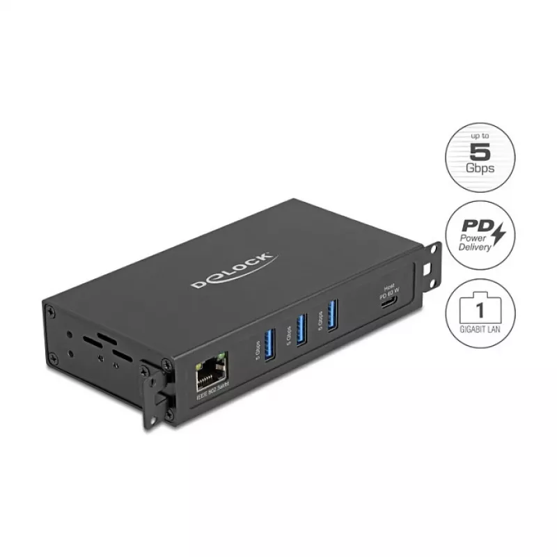 DELOCK USB-jaotur, 3-port 5 Gbps, RJ45 Gigabit PoE++ ja USB USB-C host, metallkorpus, 1,5 kV isolatsioon, must