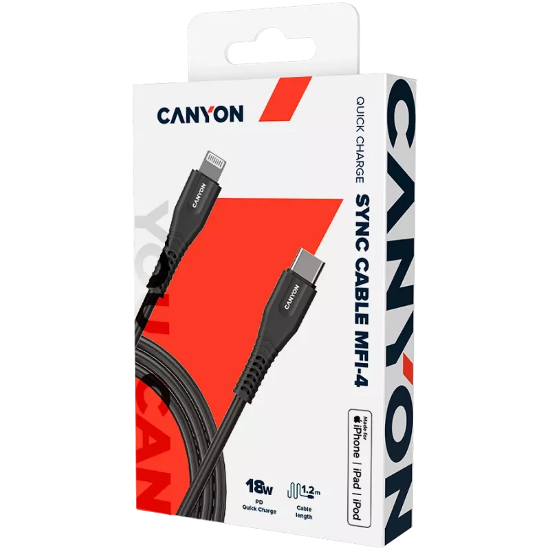 CANYON kaabel MFI-4 Type-C Lightning 1,2 m must