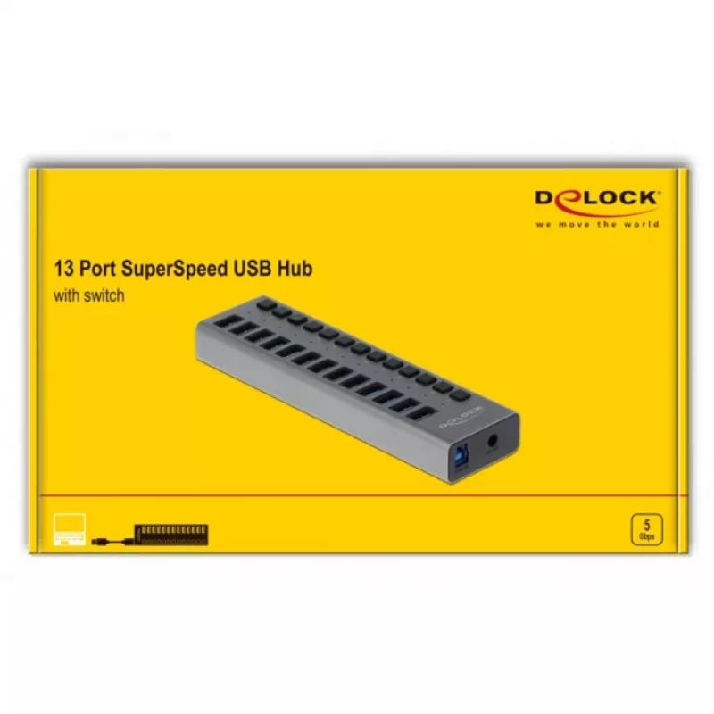 DeLOCK väline USB 5 Gbps jaotur 13 pordiga + lüliti, USB 3.2 Gen 1 (3.1 Gen 1) Type-B, USB 3.2 Gen 1 (3.1 Gen 1) Type-A, 5000 Mbit/s, hall, alumiinium, 1 m