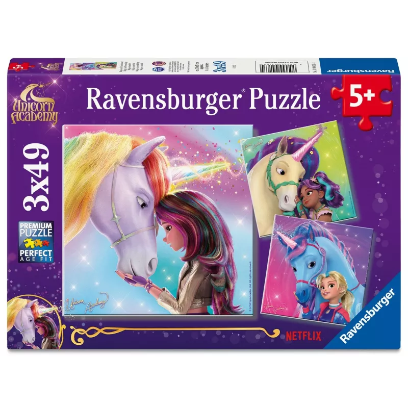 Pusle Ravensburger Unicorn Academy — 3 x 49 tk, komplekt lastele
