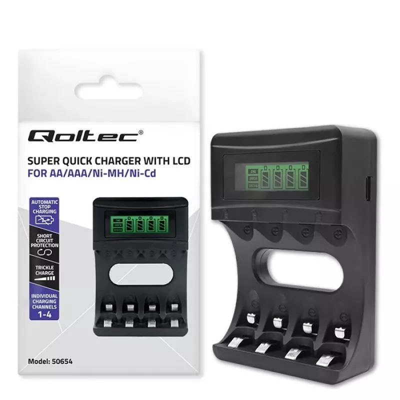 Akulaadija QOLTEC 50654 Ni‑MH R03 (AAA) ja R6 (AA) patareidele, 1800 mA