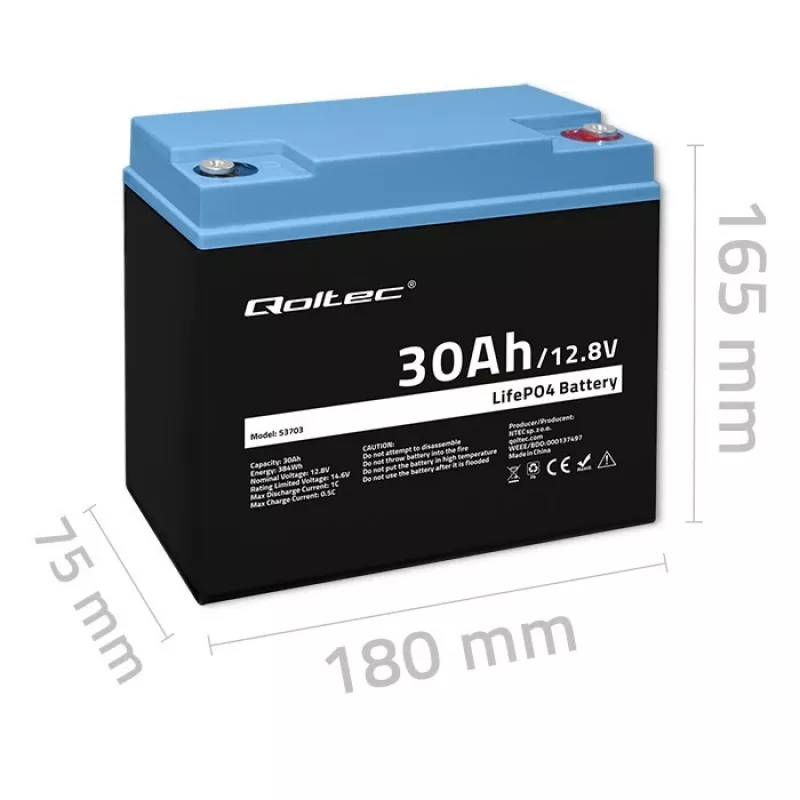 Laetav LiFePO4 aku QOLTEC 12.8V 30Ah 384Wh koos BMS-iga