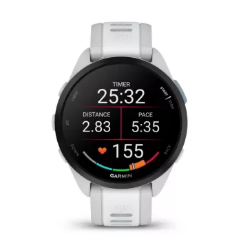 Nutikell GARMIN Forerunner 165 — GPS, AMOLED 1,2 tolli, 4 GB, 5 ATM, aku kestvus 11 päeva, hall korpus, valge rihm