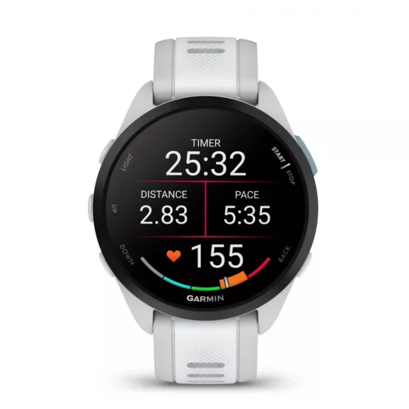 Nutikell GARMIN Forerunner 165 — GPS, AMOLED 1,2 tolli, 4 GB, 5 ATM, aku kestvus 11 päeva, hall korpus, valge rihm